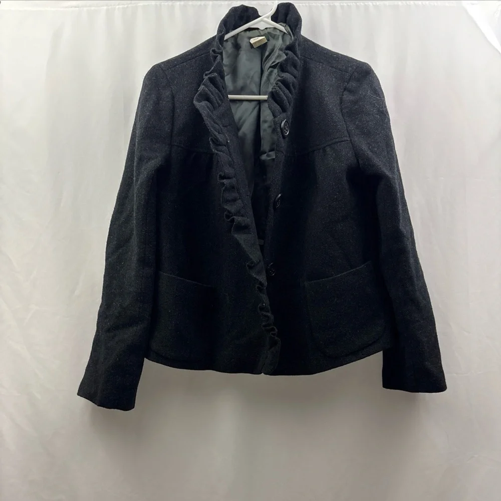 J Crew Fiona Ruffle Black Wool Tweed Jacket Blazer Size 10 Buttons